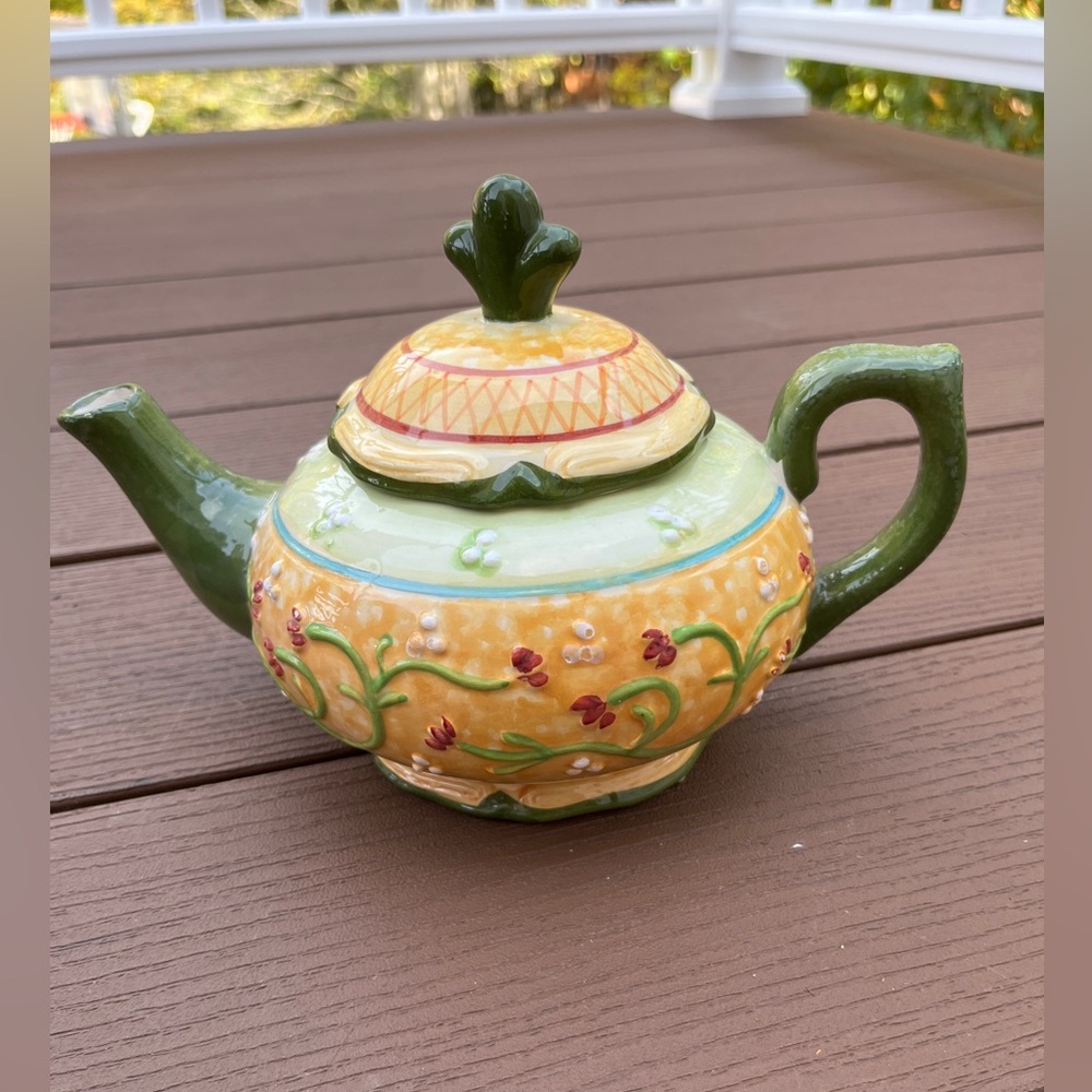 VTG Bloom Rite Green Yellow Teapot Porcelain Pottery Flowers
